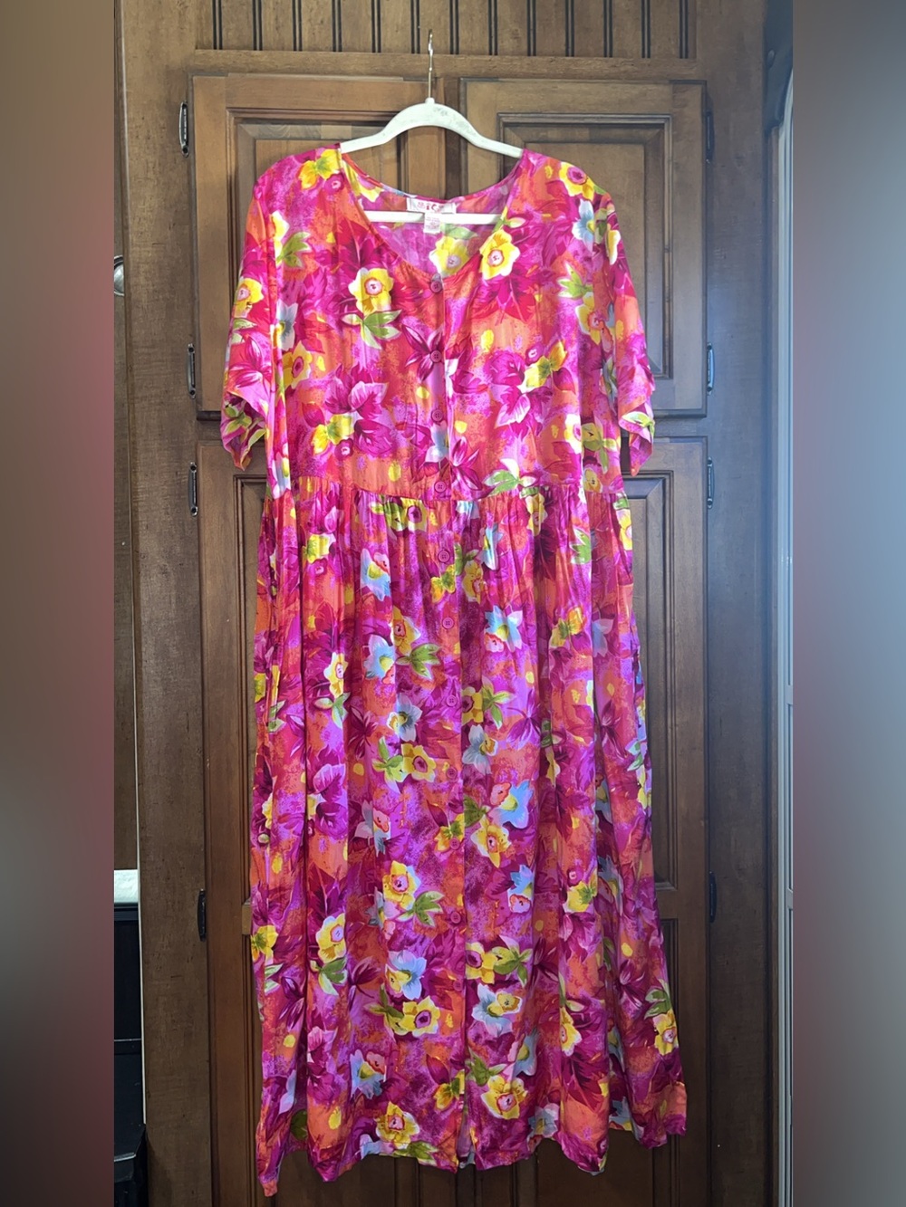 🌸Vintage Sita Floral Maxi Dress 100% Rayon Tropical Button Down Pockets Size L - Picture 2 of 8